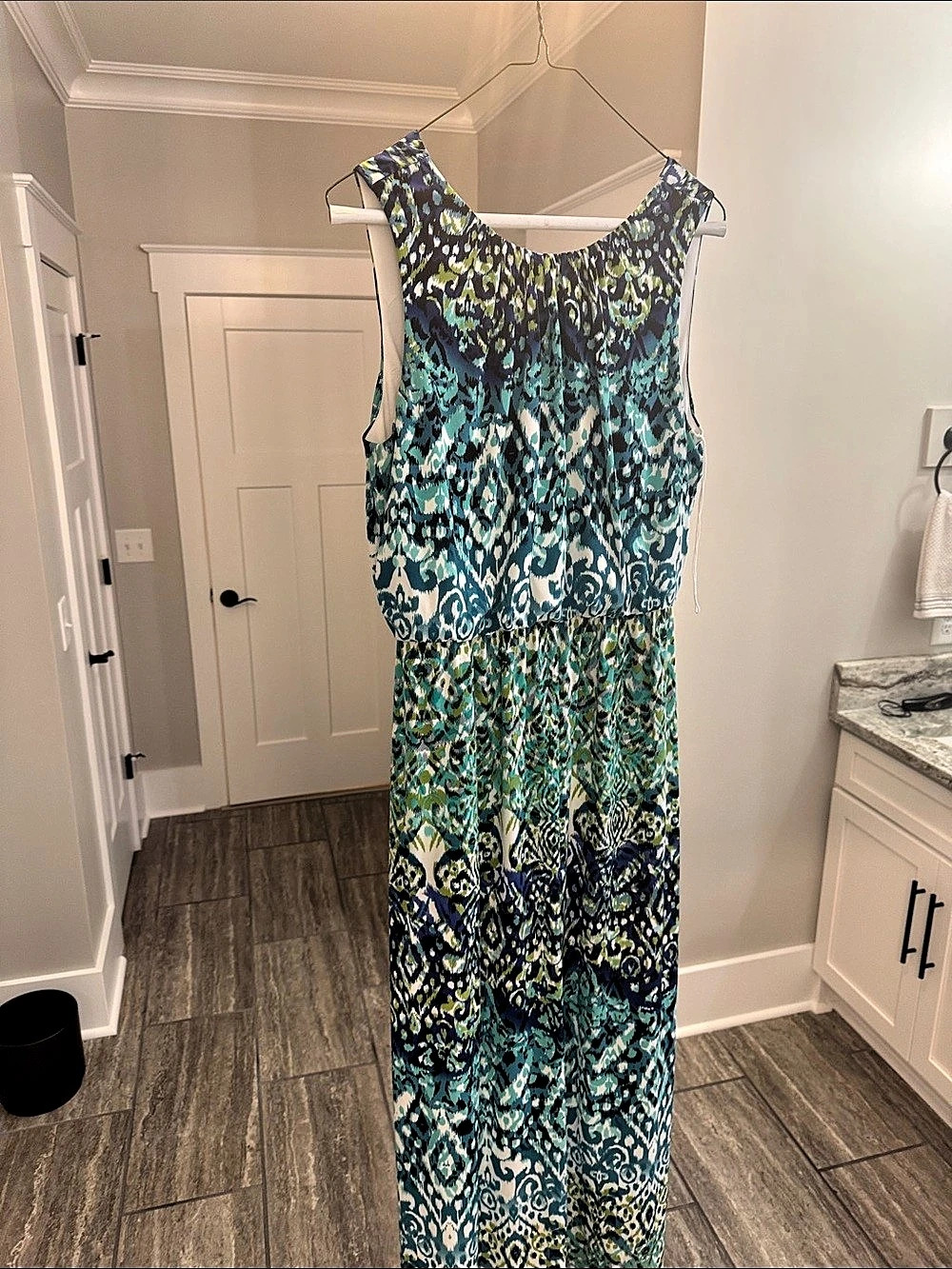 London Times Blue Green Ikat Print Sleeveless Maxi Dress Size 4